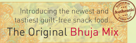 Text: Introducing the newest and tastiest guilt-free snack food... The Original Bhuja Mix